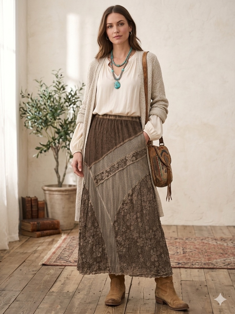 Chico's size 3women's size 16 Brown Lace-Panel Maxi Skirt Boho, whimsical fairy